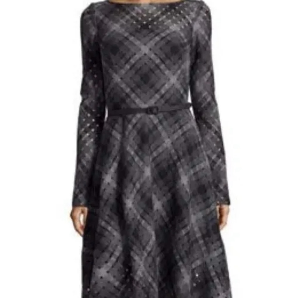 Oscar de la Renta Black and Gray Plaid Midi Dress